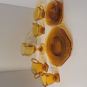 Set of vintage amber glass plates and serving set